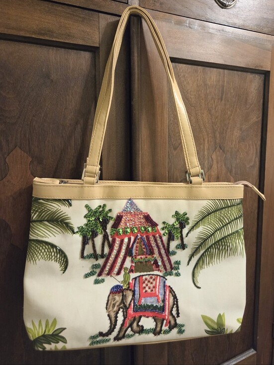 Handbags - Beaded Elephant Print Tote Bag With Rhinestone Key Ring.